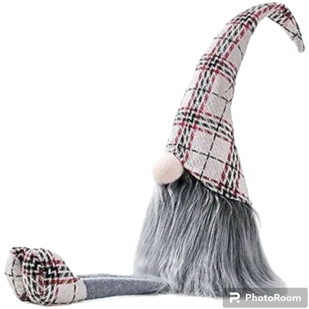 Christmas Gnome Decoration Plush Plaid w/ Long Dangling Legs Handmade Senjie NEW